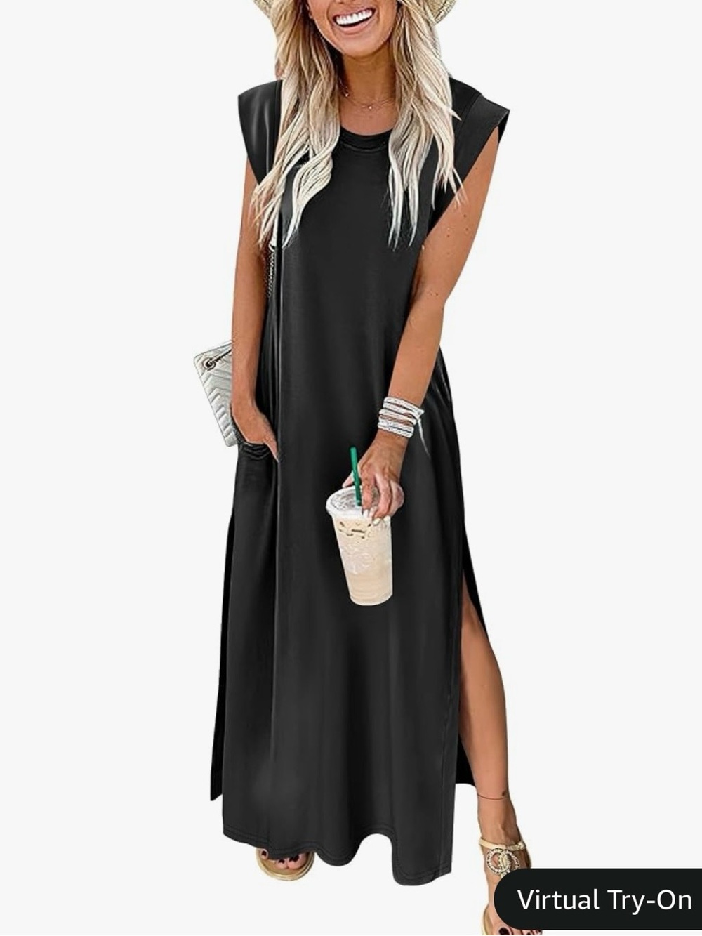 Sleeveless Black Maxi Dress with Side Slits and Pockets